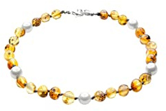 Genuine Amber Anklet From Baltic Sea Made with Polished Green & Shell Pearl 24 cm (9.4 Inches).