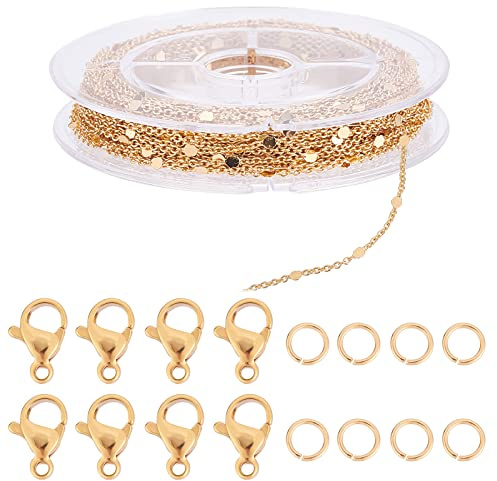 Beebeecraft 32.8 piede 18K Catene Placcate Oro per La Creazione di Gioielli Catena Cavo A Maglie Piatte Tonde con 20 chiusure A Moschettone e 50 anelli di Salto