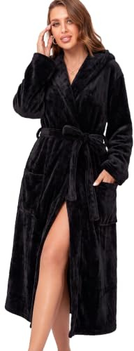 RONGTAI Fleece Robes for Women Plush Soft Warm Long Bathrobe with Pockets (Medium,Black)