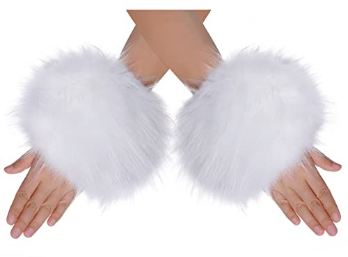 Tongcloud Women's Faux Fur Wrist Cuffs Wrist Warmers Faux Fur Arm Cuffs Winter Warm Warmers for Women Party Costumes Gifts White