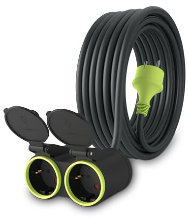 MutecPower 10m Verlängerungskabel mit 2 schuko steckdosen für den aussenbereich IP44 H05RR-F3G 1,5mm² doppel-verlängerung mit 2 schutzkontakt buchsen 2-Fach Outdoor verteiler 10 Meter schwarz/grün