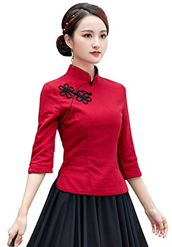 YLfly Camicetta Cinese con Collo Mandarino, Qipao Tradizionale, Top Tang Donna Tinta Unita Semplice, Rosso, 46