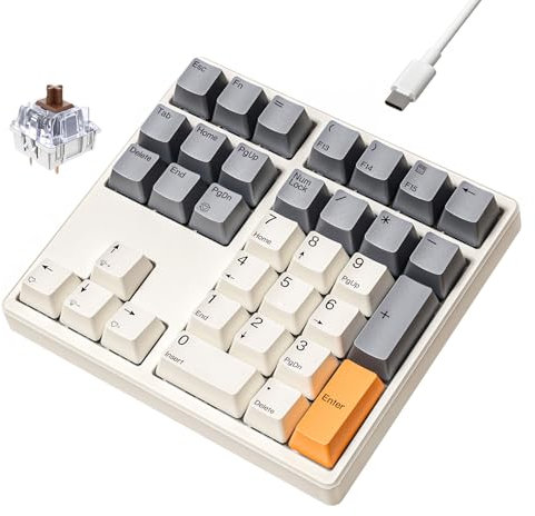 Mechanische Nummerntastatur, USB-Nummerntastatur, 34 Tasten, weiße Hintergrundbeleuchtung, Hot-Swap-fähig mit PBT-Tasten, für Laptop, MacBook, Desktop-PC (Retro-Beige, brauner Schalter)