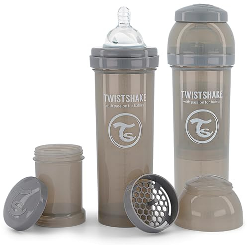 Twistshake 2x Biberón Anticólico Con Contenedor De Leche En Polvo Y Mezclador - 330ml | Tetina De Silicona De Flujo Rápido | Biberón Sin BPA | 4+ Meses | Gris