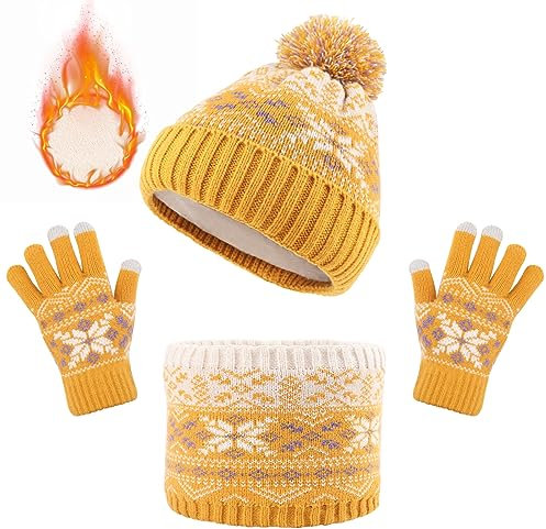 Enfant Bonnet Écharpe et Gants Ensemble, Motif Neige Chapeaux avec Pompon Polaire Doublé Chauffe-Cou Écharpe et Gants Écran Tactile Hiver Accessoires Set pour Fille Garçon 5-12 (Jaune)