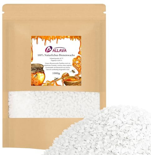 ALLAVA Bienenwachs Pastillen, Kerzenwachs Weiße 1000g, Bienenwachs für Kerzen, Kerzenwachs zum Gießen, Bienenwachs Bio für Kosmetik, Zum Gießen und Herstellen von Kerzen
