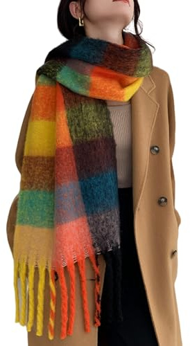 Wander Agio Winter Women Warm Scarf Long Shawl Large Scarves Cold Weather Thick Blanket Scarfs Colorful Plaid Yellow Green Blue 2