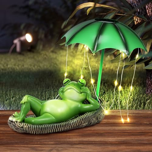 Statues solaires de grenouille - Décoration de jardin - Grenouille paresseuse et parapluie - Figurine en résine imperméable - Lumières LED - Décoration pour la maison, la terrasse, le balcon, la cour,