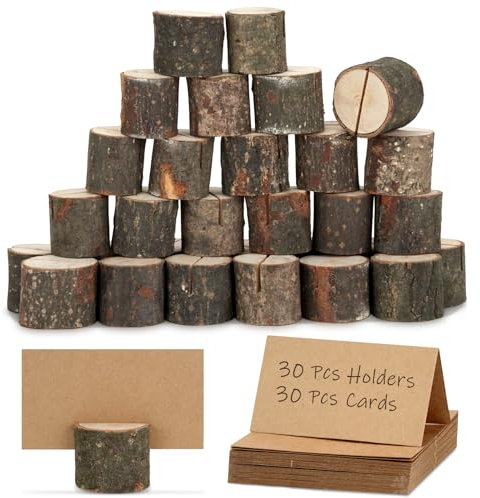 60 Stück Kartenhalter Holz, Rustikale Echtholz Menükartenhalter Tischkartenhalter Holz, Platznamen-Memo-Fotohalter für Hochzeit Party Dekoration (30 Halter + 30 Kraftpapier)