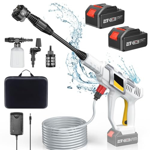 Avhrit Akku-Hochdruckreiniger mit 4000mAh+4000mAh Akku, 970 PSI Hochdruckpistole mit 6-in-1 Düse, Universal-Düse, Schaumpistole, 2 Druckstufen / 5M Schlauch Wasserfilter / 2 Batterien