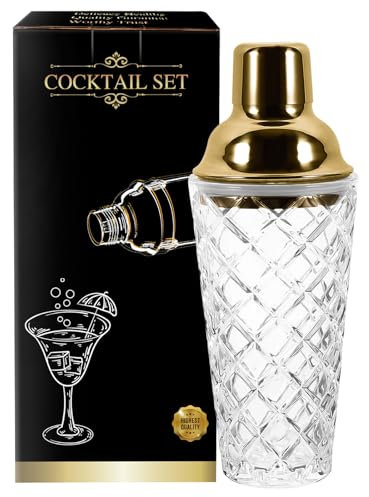 Dzmuero Cocktail shaker, Cocktail mixer, Shaker edelstahl cocktail, Cocktail shaker glas, Glasmixer, Edelstahl-Deckel, mit Filterschicht, versiegelt und langlebig, rutschfest, für Haus und Bar (Gold)