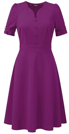 Allegra K Women's A-Line Dress, Pleated Short Sleeve, Sweetheart Neck, Elegant Business, Work Dresses for Women Purple L