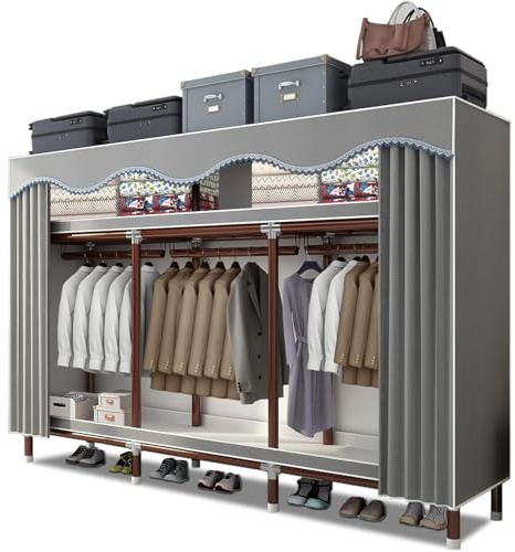 EZZPGDKU Armadio in Tessuto, Armadio Salvaspazio Guardaroba, Armadio Portatile Grigio, Armadio Guardaroba per Camera da Letto, Tubo in Acciaio per Elettroforesi Verniciato da 25 mm, 200 x 46 x 170 cm