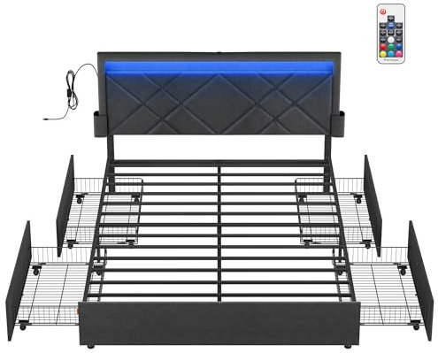 VASAGLE Doppelbettgestell, Bettgestell, passend für 140 x 200 cm Matratze, LED, Metallbett, 4 Schubladen, Ladestation, verstellbares gepolstertes Kopfteil, schiefergrau RMB827G02