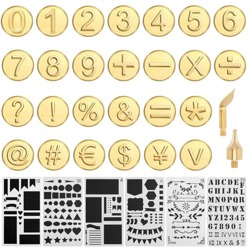 GORGECRAFT 28 ensemble de Pointes de Pyrogravure Sur Bois Symbole Mathématique du Nombre Doré Tête en Laiton Kit de Pointes de Tampons à Chaud avec 6 styles Pochoir de Peinture de Journal en Plastique