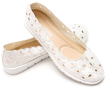 GLAMORA Bailarinas Caladas Mujer Manoletinas Zapatos Planos Mujer Puntera Redonda Zapatos Cómodos Transpirables Primavera Verano Ligero Flexible Suela Gruesa white-38
