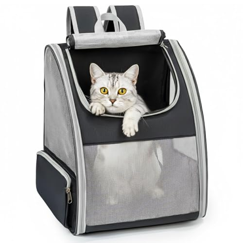 Conlun Mochila Gato y Transportin Perro pequeño para Perros pequeños y Gatos de hasta 7 kg, Mochila para Perros Ventanas de Malla en 3 Lados, para Viajes y Senderismo,Gris