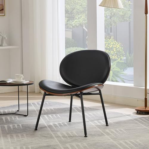 Mid-Century Modern Shell Chair Single Side Chair Tripod Black Leather Lounge Chair in Walnut Finish Comfortable Backrest,Black