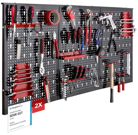 AREBOS Panneau à Outils Mural 6 Pièces | Kit avec 34 Crochets et Supports | 235,2 x 59,5 cm | Mur à Outils en Métal pour Atelier | Matériel de Montage Inclus | Rouge