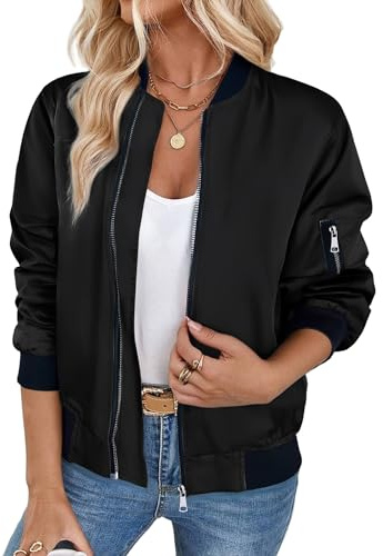 Zeagoo Chaqueta Bomber Ligera Para Mujer Urbano Chaqueta Motociclista Longitud Corta con Cremallera Múltiples Bolsillos Negro