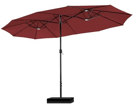 PHI VILLA Parasol rectangulaire avec support, grand, 270 x 450 cm, pour jardin, terrasse, avec manivelle, protection UV, résistant au vent, rouge foncé