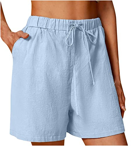 KUIH Linen Shorts Women Summer Drawstring Elastic Waist Loose Casual Pants with Pockets Summer Clothes Cotton Linen Beach Walking Shorts for Women UK