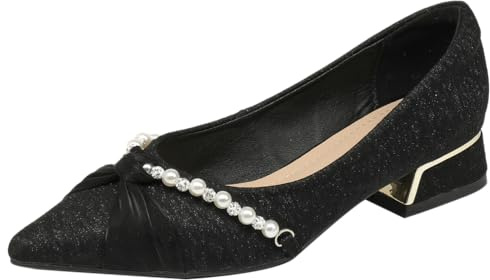 Escarpins Élégants pour Femme à Bout Pointu Ornés de Perles - Talon Bloc 3cm, Tissu Scintillant Disponible en Noir Classique et Beige Sophistiqué,Noir,39 EU
