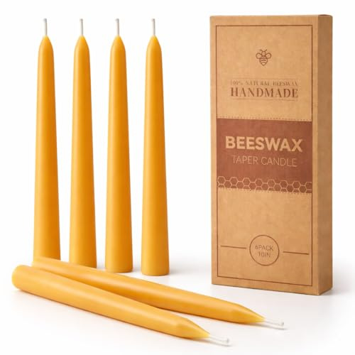 LETINE 6 Packs Beeswax Taper Candles, 10 Inches Natural Dinner Candle Candlesticks, Smokeless, 9-Hour Burn Time, for Dinner, Weddings, Parties, Christmas