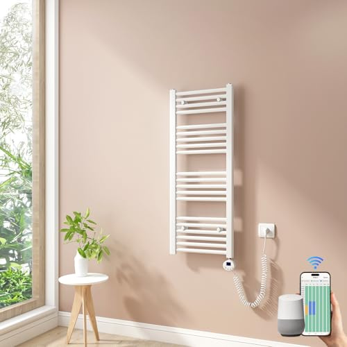 Heilmetz Smart WiFi Badheizkörper Elektrisch 100x40cm Elektrischer Handtuchtrockner mit Thermostat und Timer-Funktion Gerade Handtuchheizkörper Weiß 300W