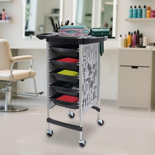 WFIETN Carrello da parrucchiere, carrello con 6 piani e 5 cassetti, carrello per parrucchieri, saloni di bellezza, fino a 80 kg