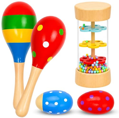 5Pcs Maracas, Educational Musical Instruments for Early Development, Rattle with Colourful Design, Including Maracas and Rainmaker (Random Color)