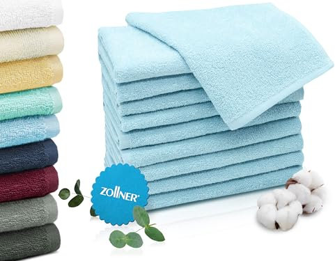 ZOLLNER 10er Set Gästehandtücher in 30x50 cm - saugstarke und weiche Gästetücher in hellblau - mit praktischem Aufhänger - waschbar bis 60°C - Baumwolle - Hotelqualität