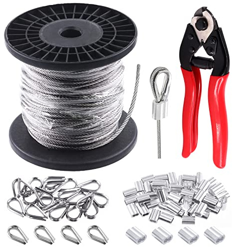 Glarks 72Pcs 1/8 150ft Stainless Steel Wire Rope Cable Set Includes 8 Heavy Duty Cable Cutter and 50Pcs Aluminum Crimping Loop Sleeve with 20Pcs M3 Wire Rope Thimbles Set for DIY Deck Stair Rail