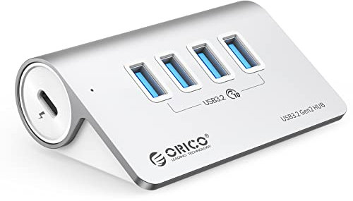 ORICO USB-C-Hub, 4 Ports Multi Adapter mit Geschwindigkeit 10 Gbit/s, Splitter mit 0,5 m Kabel und Netzanschluss Typ C 5 V/2 A, für Macbook, Pro, Air