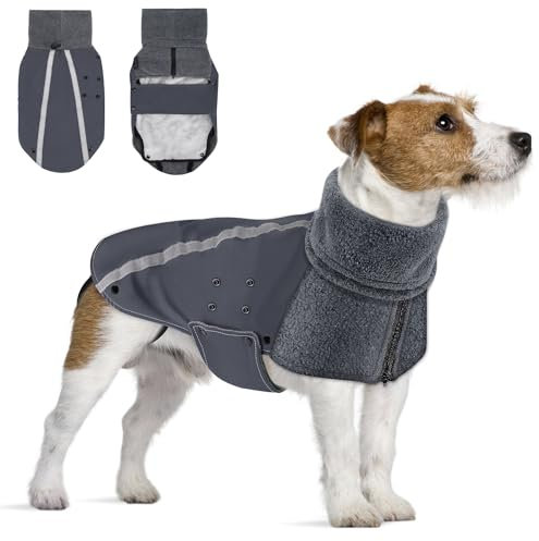 SlowTon Winter Hundemantel, Warm Polar Fleece Futter Hund Outdoor Jacke mit Rollkragen Schal Reflektierende Streifen Verstellbar Wasserdicht Winddicht Welpenweste Weiche Haustier Outfits