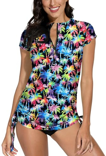 BesserBay T-shirt rashguard à manches courtes pour femme, protection solaire UPF 50+, taille S à XXL, B3 - Cocotier multicolore, XL