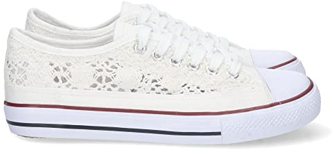 shoes&blues.es 73380-Zapatilla Plana para Mujer, Comoda, Estilo Bamba, con Material Bordado y Calado, Transpirable, y Cierre de Cordones. Talla 38 Blanco