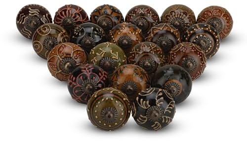 FURNISHFUL FINESSE Dresser Knobs for Cabinets and Drawers Assorted, Dusty Ceramic Knob & Pull Handle for Kitchen Brown Cupboard Wardrobe Decorative Furniture Knobs - Pack of 6 (Dark Brown)