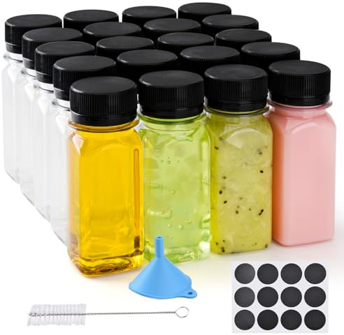 12 pcs 2oz Small Plastic Juice Bottles with Lids,Reusable Leak proof Ginger Shots Bottle with Black caps, Wellness Mini Jars Plastic Containers for Smoothie, Water, Milk and Other Beverages