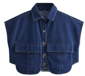 Perbai Womens Cropped Button Down Shirt Summer Collared Sleeveless Loose Denim Top with Pockets(DarkBlue-S)