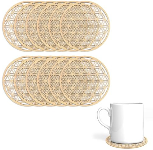 Lotbun Lot de 12 Fleur de Vie Dessous de Verre pour Méditation (10 x 10cm), sous Verre Dessous de Verre Bois