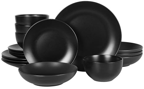Gibson Home Queenslane 16 Piece Double Bowl Plates and Bowls Dinnerware Sets - Matte Black