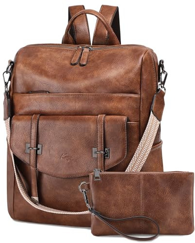 Kasgo Damen Rucksack PU Leder Modischer Freizeit Schulrucksack für Frauen Elegant Daypack Rucksäcke wandelbar Umhängetasche Vintage Reiserucksack Braun