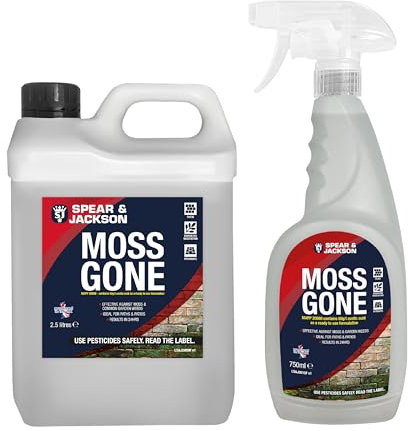 Spear & Jackson Moss Gone Moss Killer, 2.5 Litres and 750 ml, For Paths, Patios, Roofs, Walls, Tarmac, Gravel