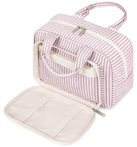 Narwey Full Size Toiletry Bag Large Wash Bag Makeup Bag Travel Organizer Cosmetic Bag for Women (Dusty Rose Stripe)