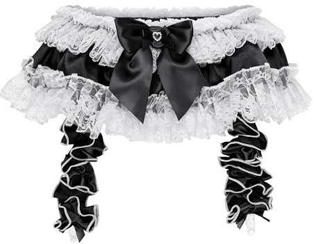 Satini Con volant Pizzo Femminuccia Setoso Raso Giarrettiera Reggicalze cintura Lingerie Mutandoni (Nero, S)
