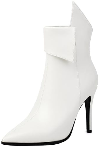 Cocey Botines de tacón de aguja puntiagudos brillantes para mujer, Blanco, 37 EU