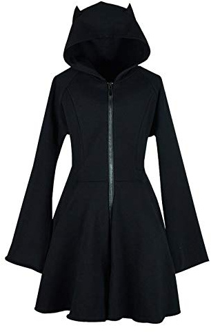 Cat Ears Long Hoodies for Women Fashion Flare Anime Hooded Tops Workou Dress Zip Up Solid Color Clothes Cute Preppy Backwoods Loose Fit Ladies Comfort Personalized Thin Soft Vintage Black