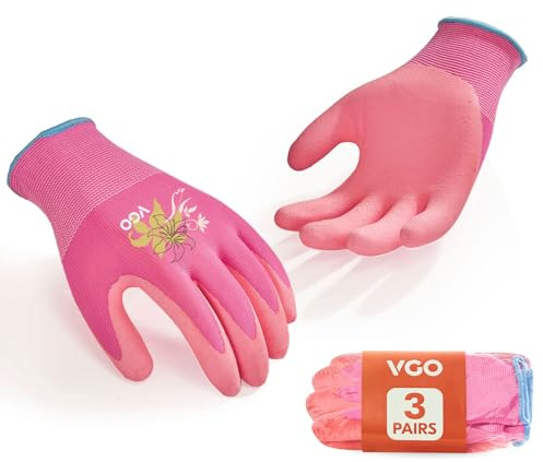 Vgo... 3 Paia Guanti da Giardinaggio da Donna - Rivestiti in Lattice Antiscivolo, Traspiranti e Durevoli per Esterni, Edilizia, Fai da Te | Lavabili in lavatrice, Flessibili (3 Paia/S/Rosa/RB6013-G)
