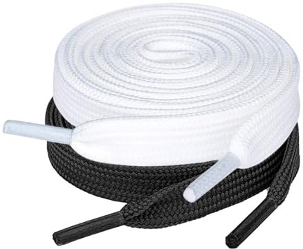 LBJFYHJN 2 Paires de Lacets Plats, 8mm de Largeur, Lacets Plats pour Chaussures de Randonnée, Sneakers, Chaussures de Sport, Chaussures de Basket (Blanc, Noir)